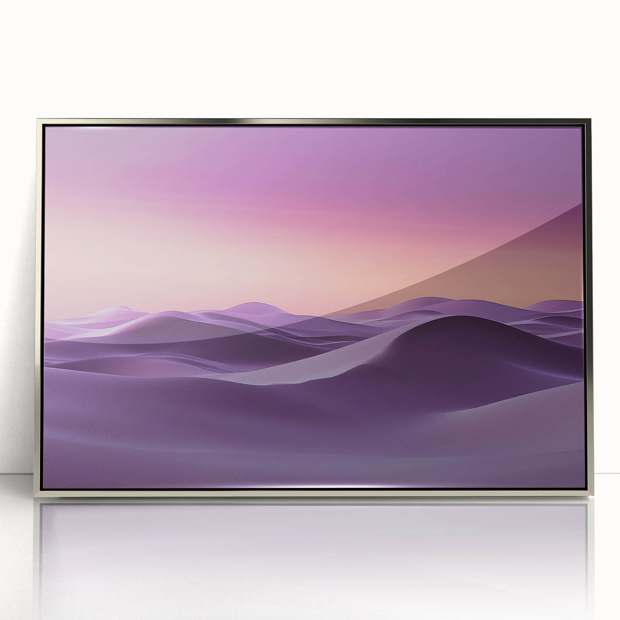 Framed acrylic artwork showcasing a serene landscape of rolling dunes in soft beige and silver hues, ideal for modern home decor or office aesthetics.