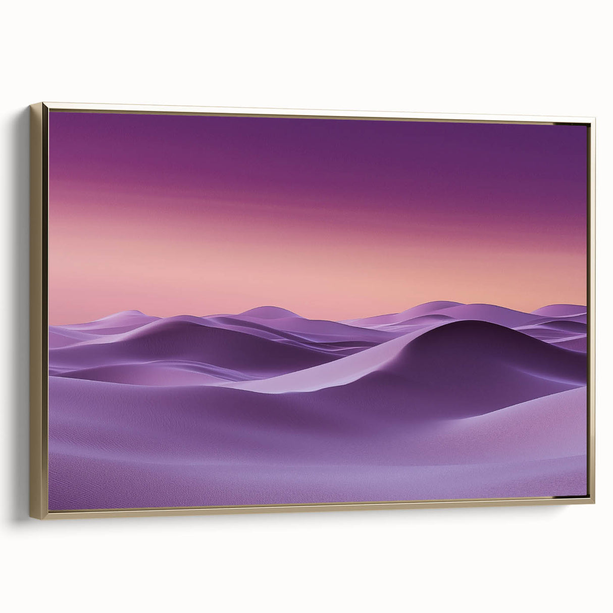 Framed canvas artwork showcasing a serene landscape of sand dunes in warm gold tones, elegantly displayed from a side view, perfect for enhancing modern home decor.
