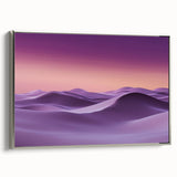 Framed canvas artwork depicting serene sand dunes under a vibrant sunset, featuring a silver frame that enhances the landscape's beauty, ideal for modern home decor.