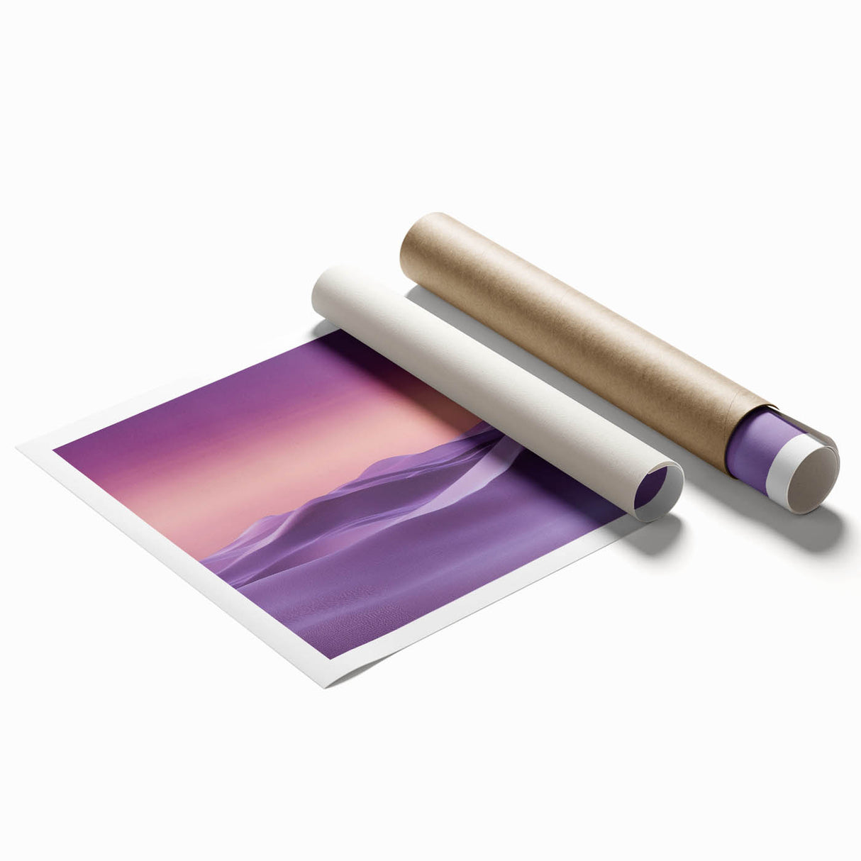 Desert landscape canvas print showcasing vibrant golden sand dunes under a bright blue sky, elegantly rolled in a protective cardboard tube for easy display.