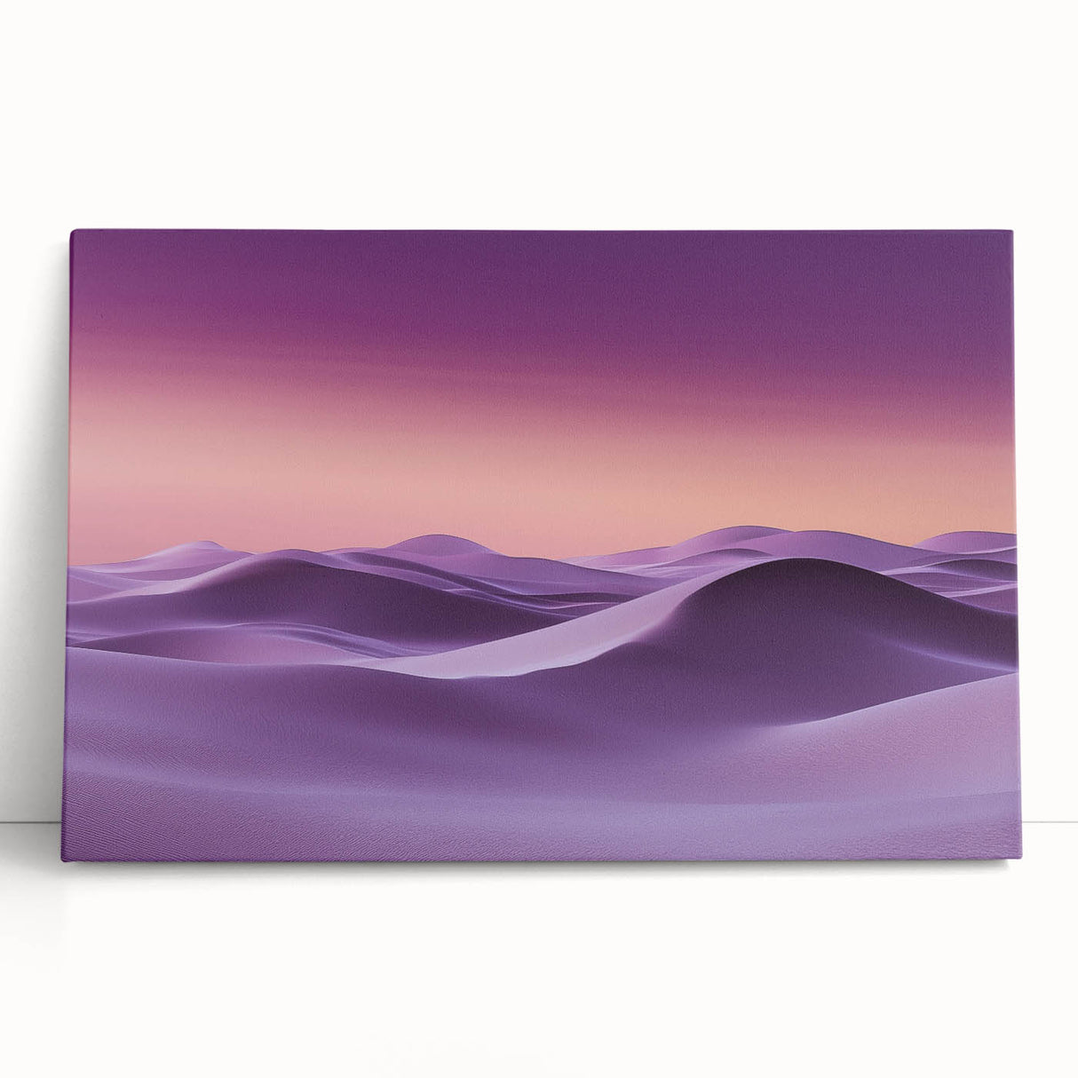 Stretched canvas artwork depicting serene sand dunes under a blue sky, showcasing warm beige and golden tones, perfect for modern home decor.
