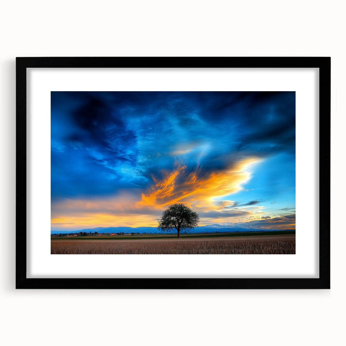 Black-framed landscape art print showcasing vibrant green fields under a clear blue sky, elegantly matted for added depth, ideal for modern home decor.