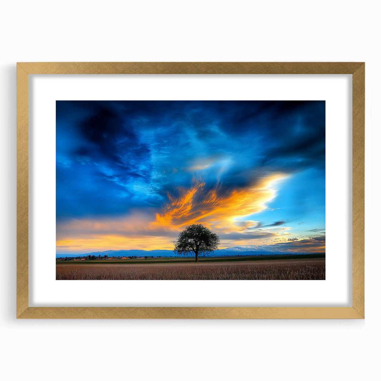 Elegant gold-framed landscape artwork featuring a vibrant field scene with lush green grass and a clear blue sky, perfect for home decor enhancement. Ideal for adding a touch of nature-inspired beauty to any interior space.