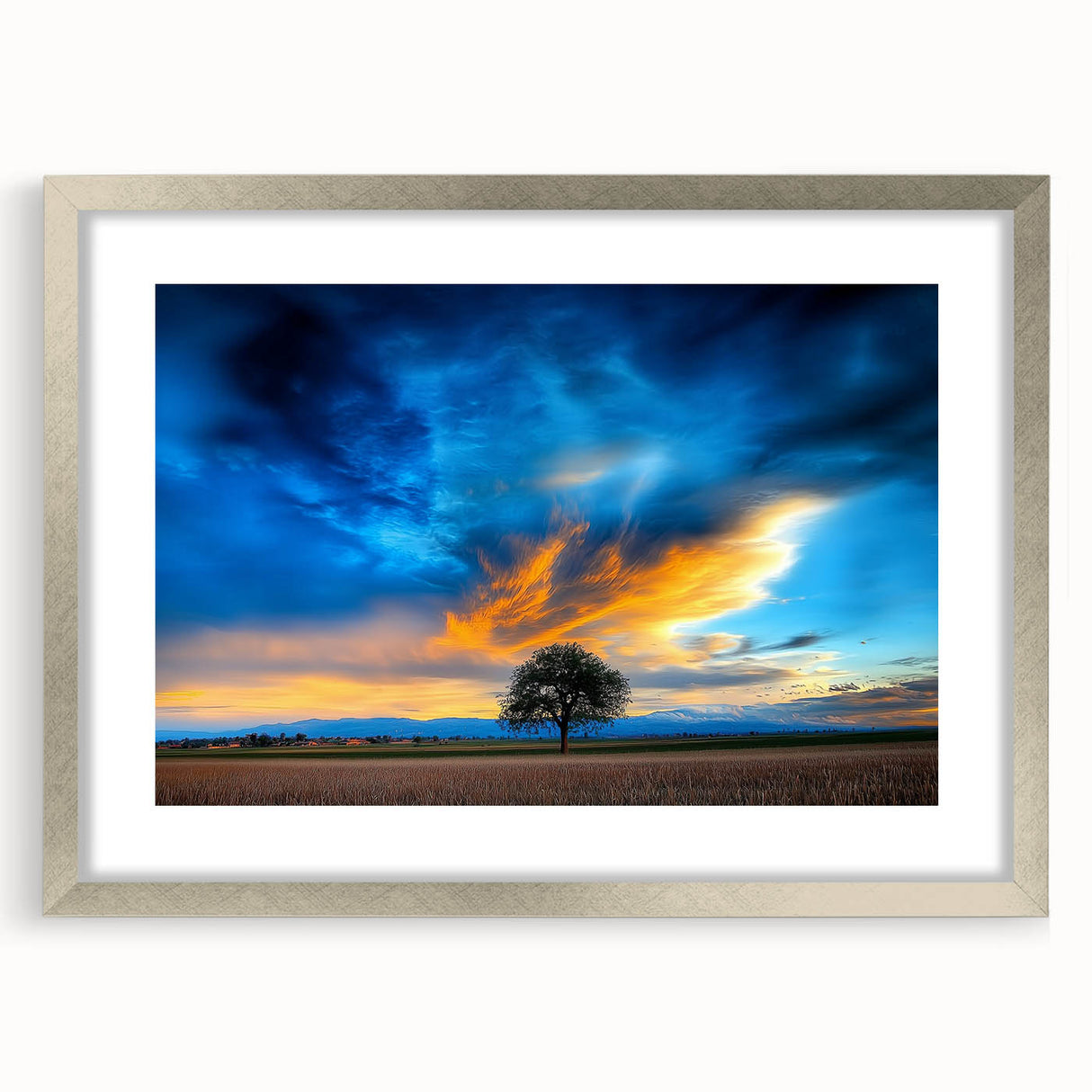 Silver-framed landscape artwork featuring fields and vibrant green hues, elegantly matted for a polished look, ideal for home decor enhancement.