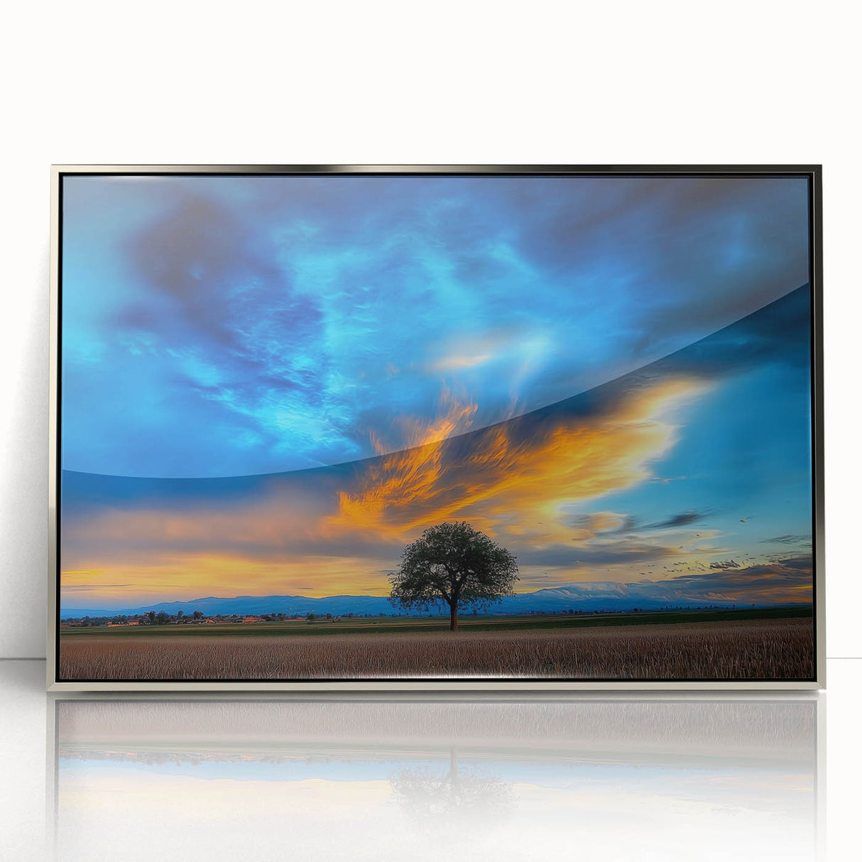 Framed acrylic artwork showcasing a serene landscape of rolling fields in soft green and gold hues, ideal for modern home decor or office spaces.