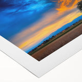 Rolled canvas showcasing a vibrant landscape field design with lush green fields and a blue sky, securely packaged in a protective cardboard tube for easy transport.