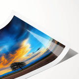 Vibrant rolled print showcasing a serene landscape with lush green fields under a clear blue sky, elegantly packaged in a protective cardboard tube for easy shipping.