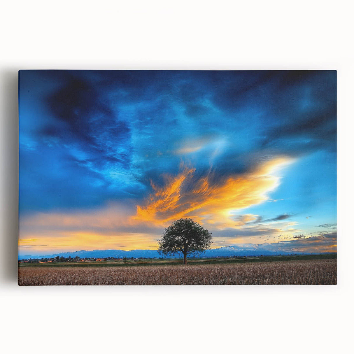 Vibrant stretched canvas artwork depicting expansive green fields under a blue sky, ideal for home decor, adding a serene landscape touch to living spaces.