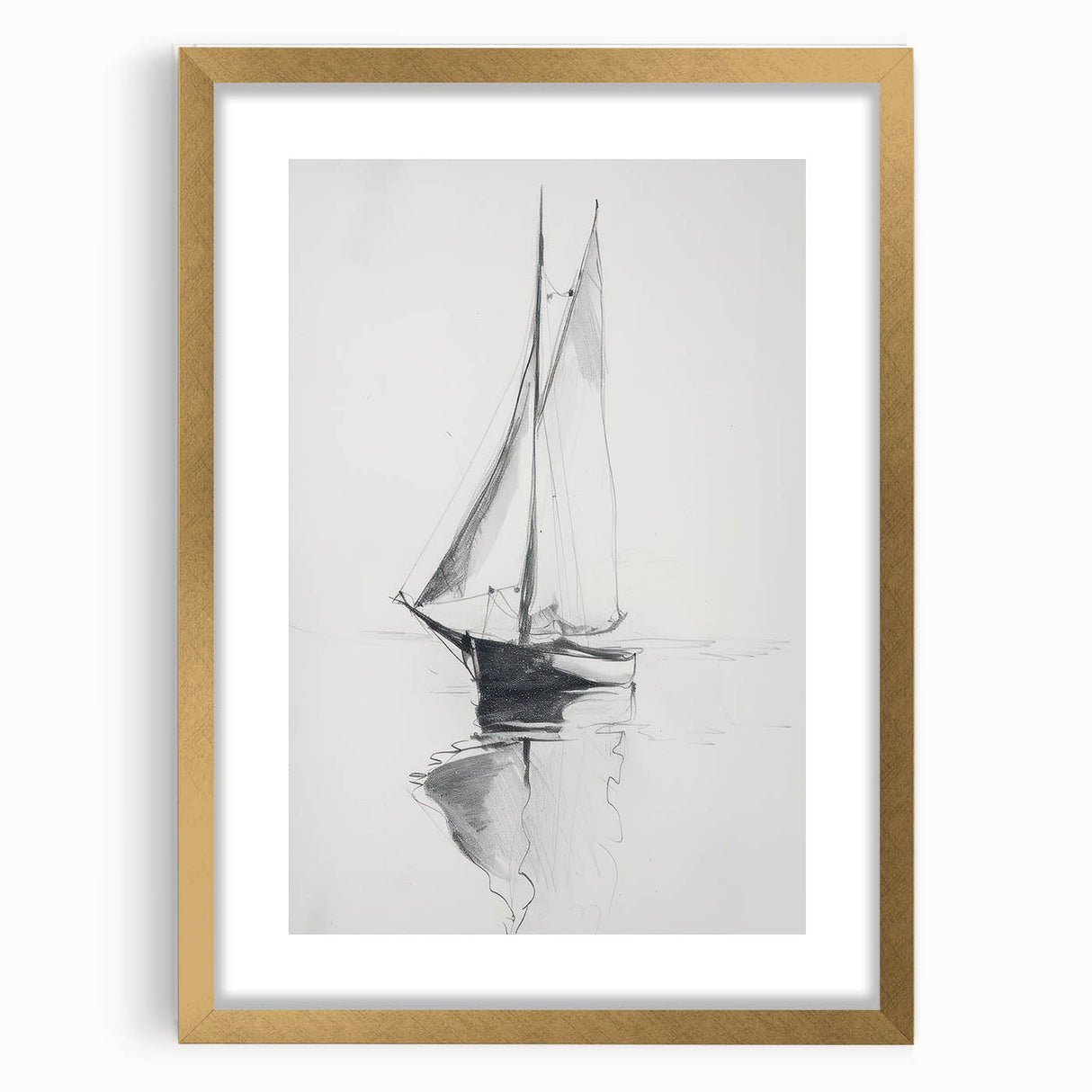 Elegant gold-framed landscape artwork featuring a mat, showcasing serene natural scenery with lush greenery and a tranquil sky, perfect for home decor.