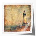 A vibrant landscape wall art print showcasing a serene lighthouse scene, featuring blue skies and crashing waves, ideal for coastal-themed decor.