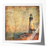 A vibrant landscape wall art print showcasing a serene lighthouse scene, featuring blue skies and crashing waves, ideal for coastal-themed decor.