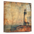 Acrylic glass wall art depicting a coastal lighthouse landscape, showcasing vibrant colors and intricate details, mounted with pins for easy display. Perfect for enhancing home decor with a nautical theme.