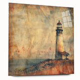 Vibrant lighthouse wall art design displayed on acrylic glass, showcasing a serene seaside landscape with rich colors and intricate details, perfect for enhancing home decor.