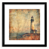 Black-framed wall art featuring a lighthouse design, with a mat border, showcasing serene coastal scenery. Perfect for enhancing home decor with nautical themes.