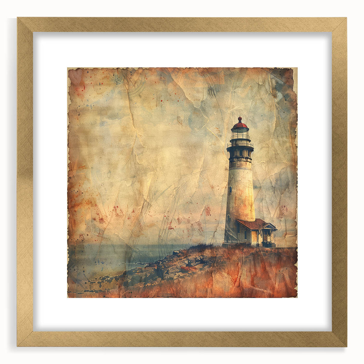 Gold-framed wall art featuring a serene lighthouse landscape design, complete with a white mat, perfect for enhancing home decor in coastal-themed interiors.