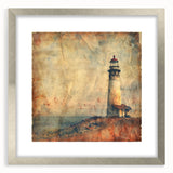 Silver-framed wall art featuring a picturesque lighthouse landscape design with a white mat, ideal for enhancing coastal-themed home decor and interior aesthetics.