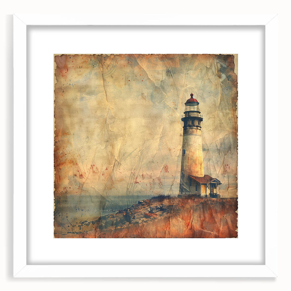White-framed wall art featuring a serene lighthouse landscape, set against a soft blue sky and gentle waves, perfect for coastal home decor.