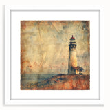 White-framed wall art featuring a serene lighthouse landscape, set against a soft blue sky and gentle waves, perfect for coastal home decor.