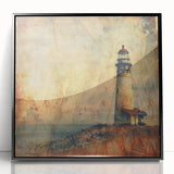 Framed acrylic wall art showcasing a lighthouse landscape in vibrant colors, set against a black frame, perfect for coastal-themed home decor.