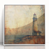 Framed wall art showcasing a serene lighthouse landscape in vibrant colors, set against a crisp white background, perfect for enhancing coastal-themed decor.