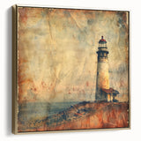 Framed canvas wall art depicting a serene lighthouse landscape in silver and gold tones, ideal for coastal-themed decor, enhancing any living space ambiance.