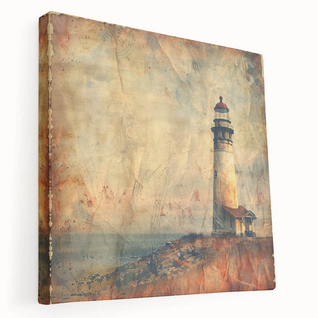 Stretched canvas wall art depicting a serene lighthouse landscape at sunset, showcasing vibrant oranges and blues, perfect for coastal-themed decor.