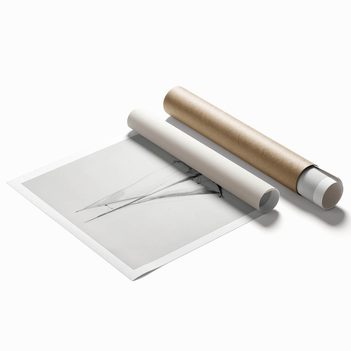 Rolled print showcasing a vibrant landscape design with lush greenery and a serene sky, packaged securely in a durable cardboard tube for safe delivery.