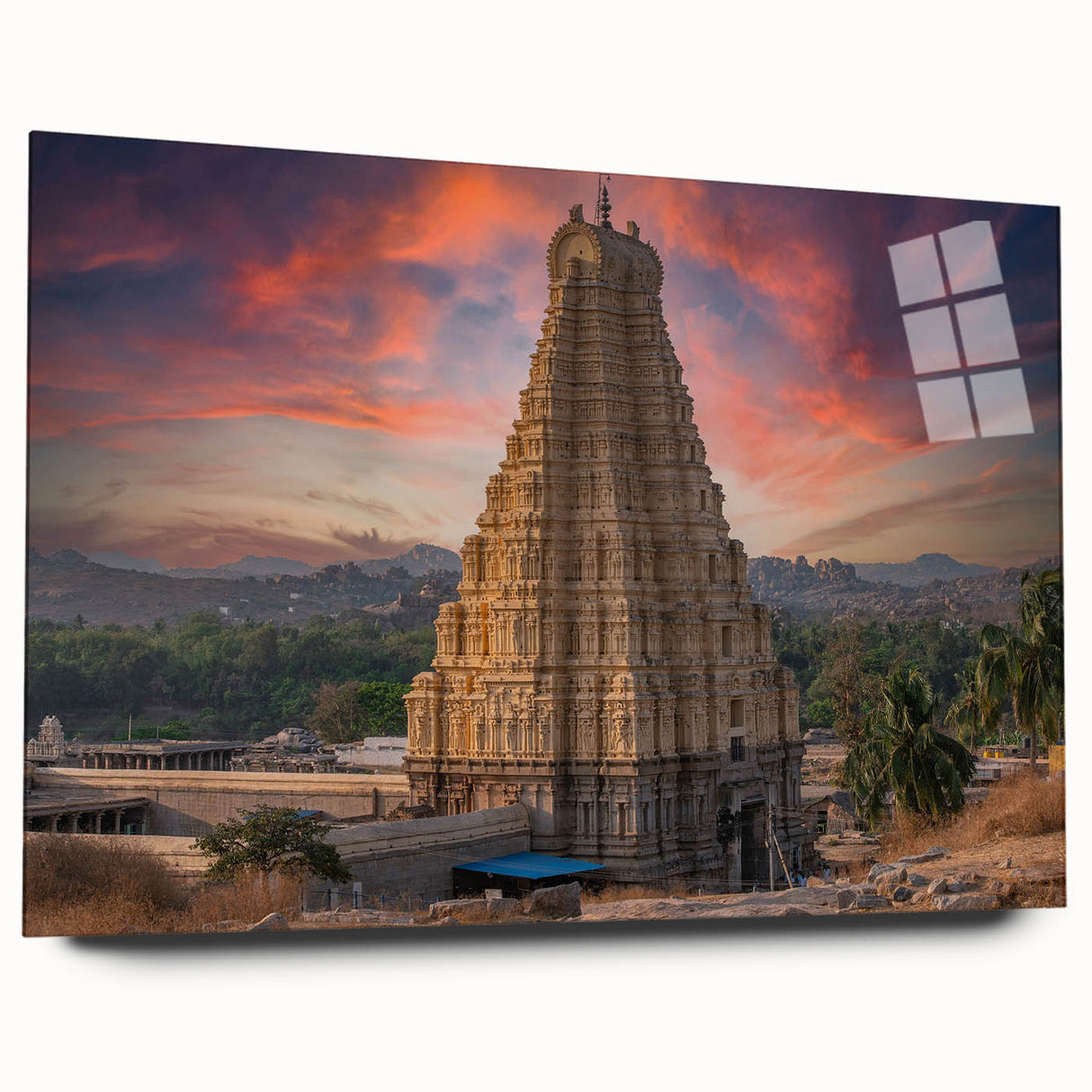 Large abstract wall art of a serene Indian landscape in muted earth tones on acrylic glass.