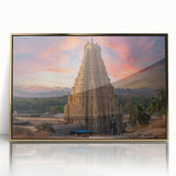 Large acrylic print of a mid-century modernist Indian scenery in gold and earth tones, suitable for modern art wall decor.