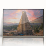 Mid-century modernist art depicting a serene Indian landscape in muted earth tones on a framed acrylic print.