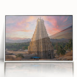 Acrylic print of a serene Indian landscape in soft pastel shades, framed in white, suitable for modern art wall decor.
