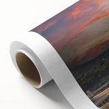 Art Deco poster featuring a serene Indian landscape in muted green and blue tones on rolled canvas.