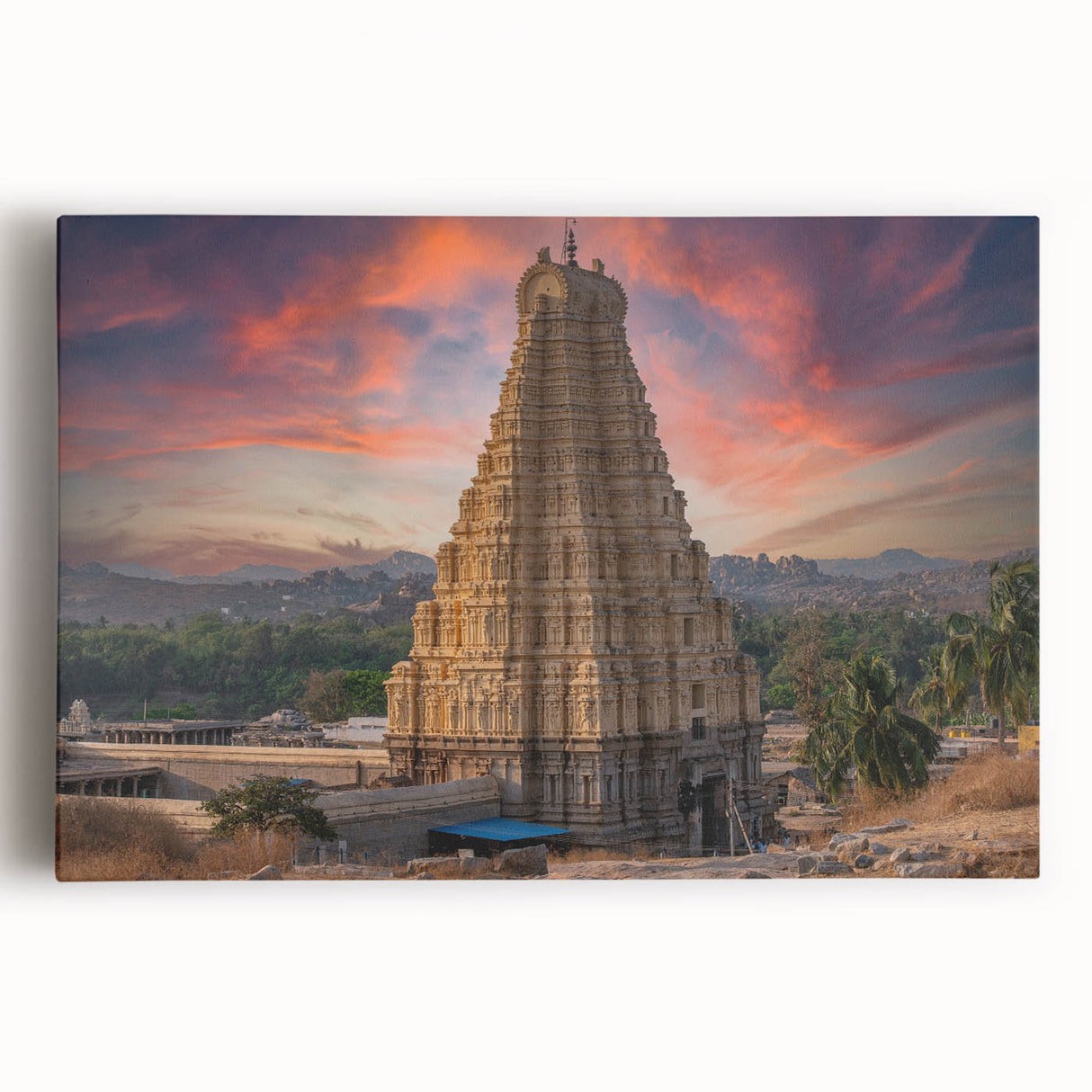 Black and white stretched canvas of an Indian cityscape, ideal for kitchen wall art.