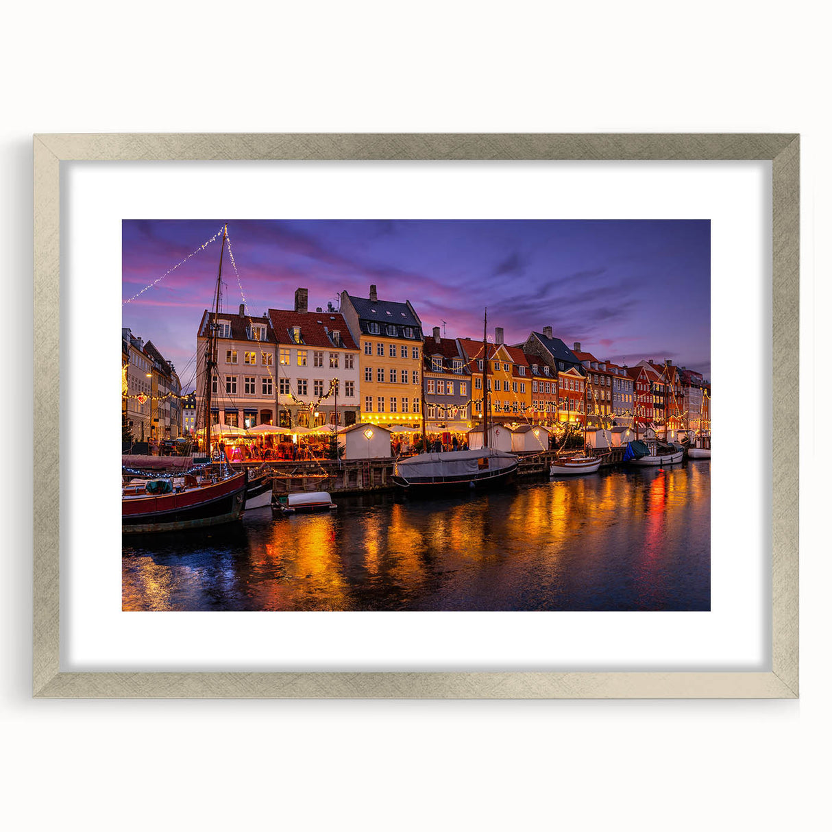 Extra large abstract art print of a textured European scenery in muted earth tones, framed in silver.