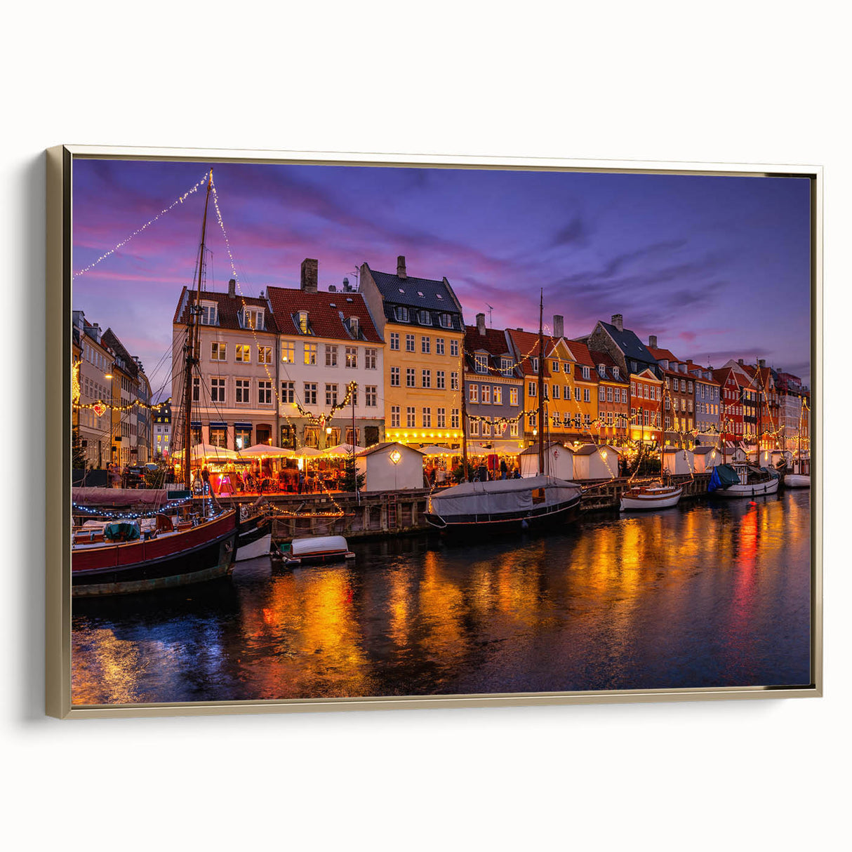 Framed canvas depicting a vintage-style landscape of a Danish scenery in muted gold and black tones.