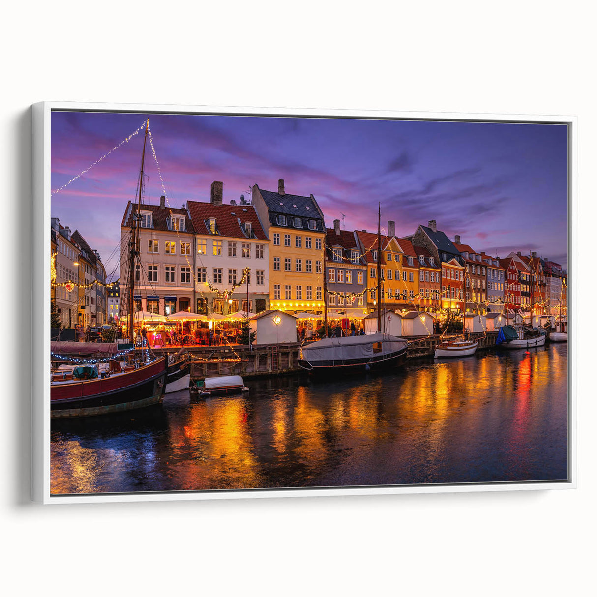 Vintage poster art of a European Denmark scenery in colorful hues on extra large framed canvas, ideal for living room decor.