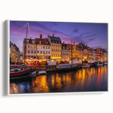 Vintage poster art of a European Denmark scenery in colorful hues on extra large framed canvas, ideal for living room decor.