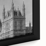 Black wall art of London's skyline, featuring colorful, textured patches on a large framed canvas.