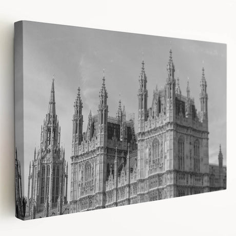 Large art print depicting an evening London cityscape with soft gray and blue tones on stretched canvas.