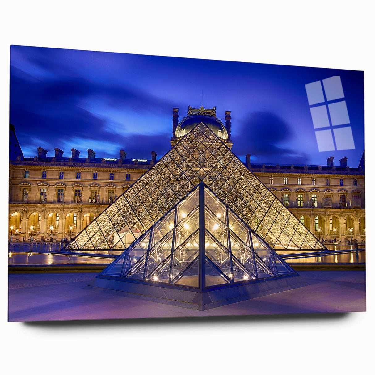 Large abstract depiction of Paris skyline in muted blue and gray tones on acrylic glass.