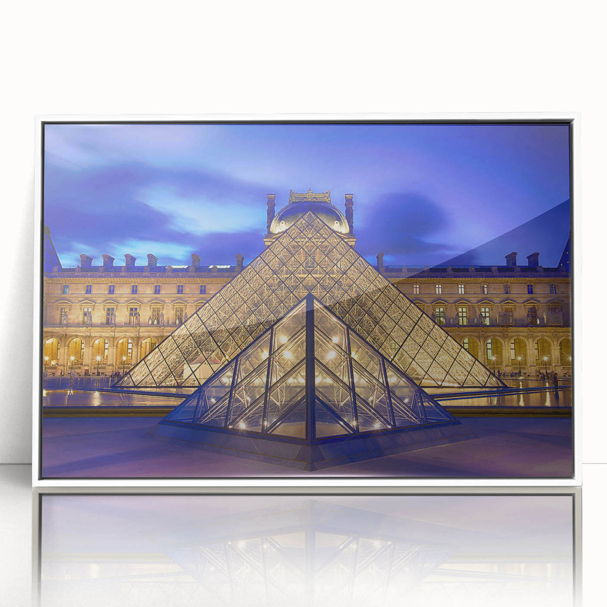 Mid-century modernist art depicting the Eiffel Tower in muted gray tones on a white acrylic framed print.