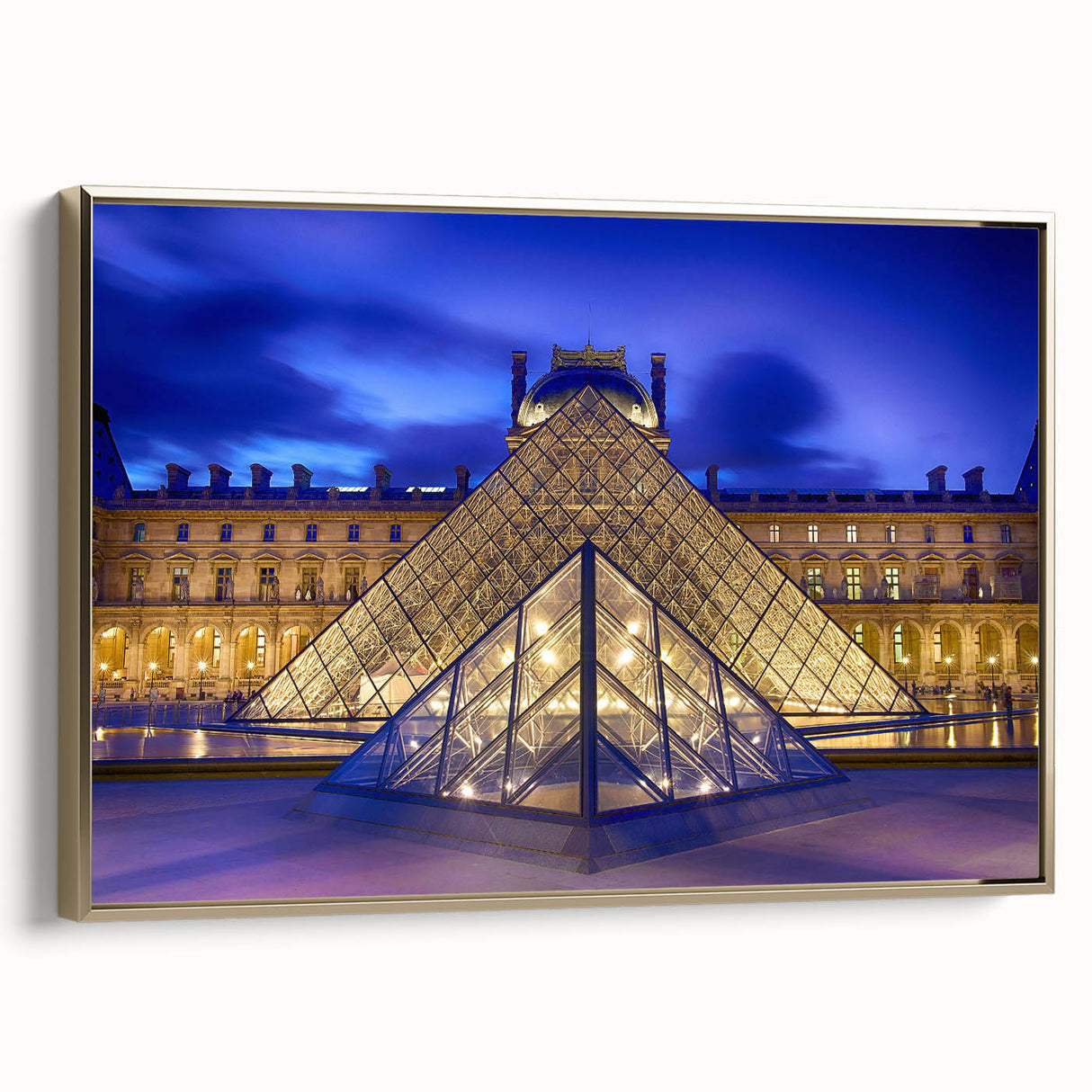 Framed canvas depicting a vintage-style Paris landscape in black and gold tones, ideal for bedroom wall art.