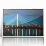 Mid-century modernist art depicting a European landscape in muted earth tones on a framed acrylic.