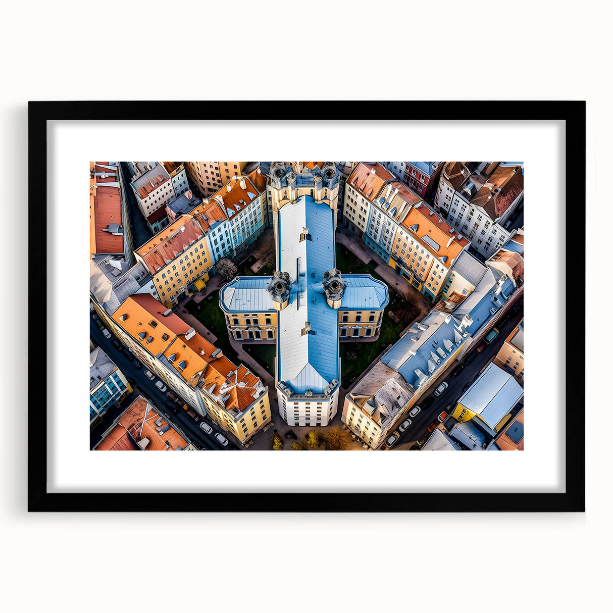 Extra large abstract art print depicting a colorful, textured European scenery on a framed black mat.