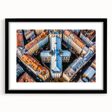 Extra large abstract art print depicting a colorful, textured European scenery on a framed black mat.