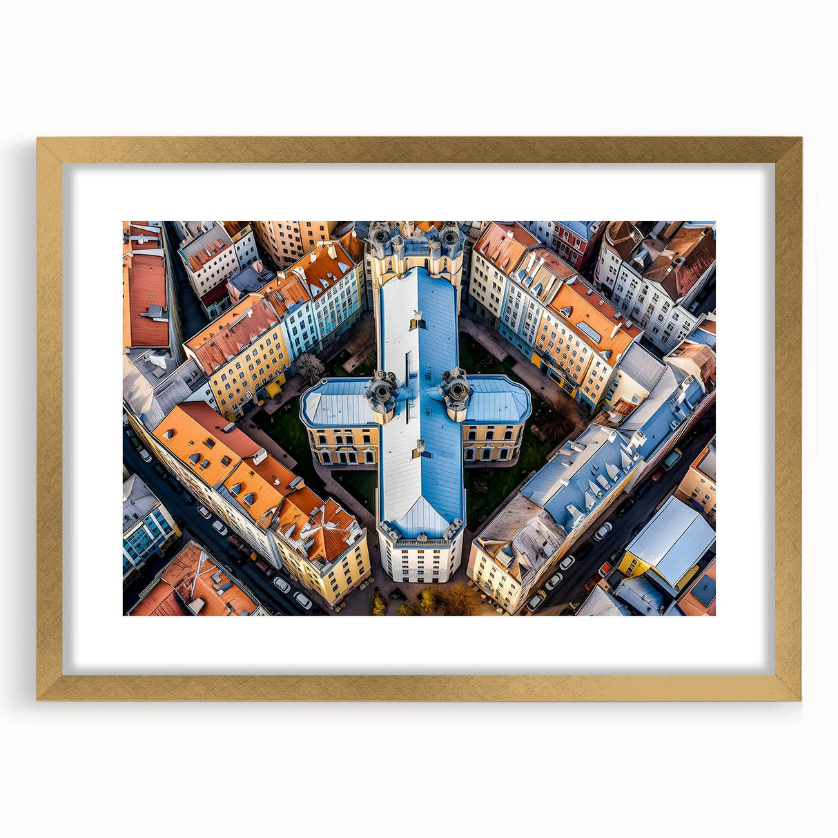 Abstract art print of a European landscape in muted earth tones on a gold-framed canvas, suitable for dining room decor.