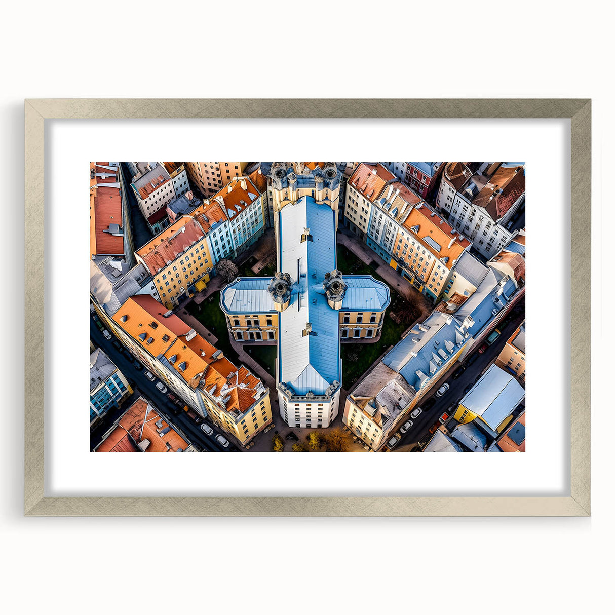 Extra large abstract art print of a European scenery, in muted earth tones, framed with a silver mat.