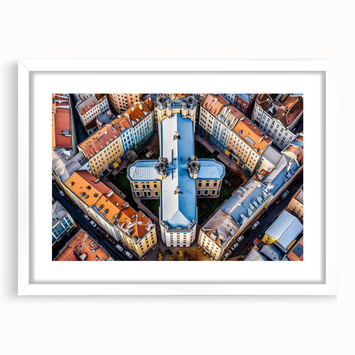 Textured abstract art print depicting a European Lithuanian landscape in muted earth tones, framed with a white mat.