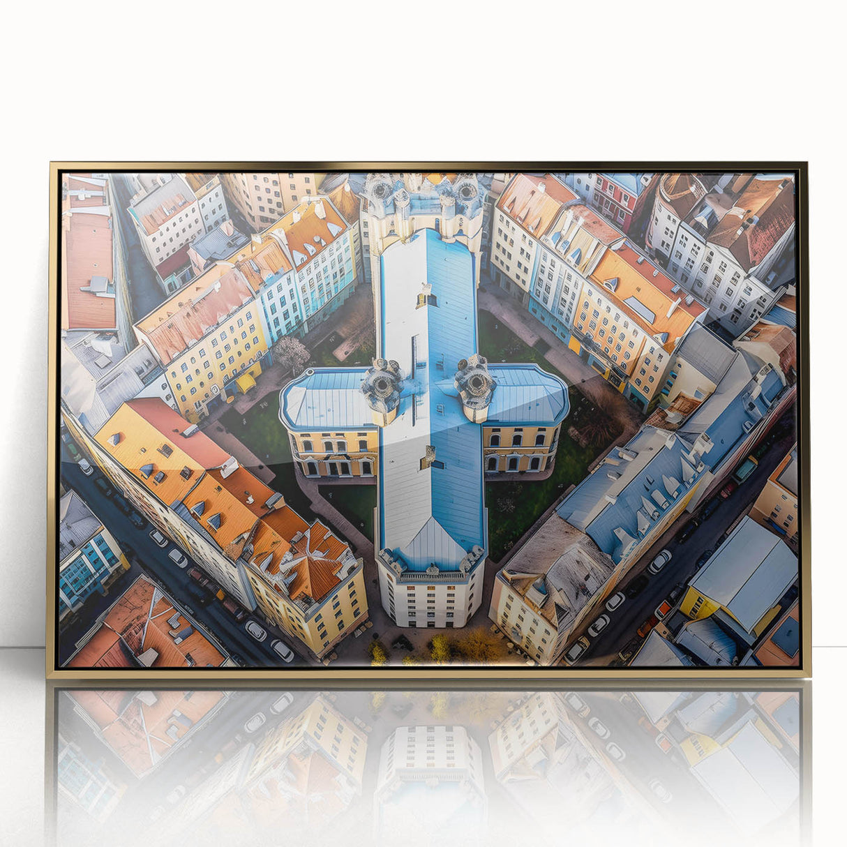 Art deco poster of a European scenery in Lithuania, featuring muted gold and green tones on a framed acrylic.