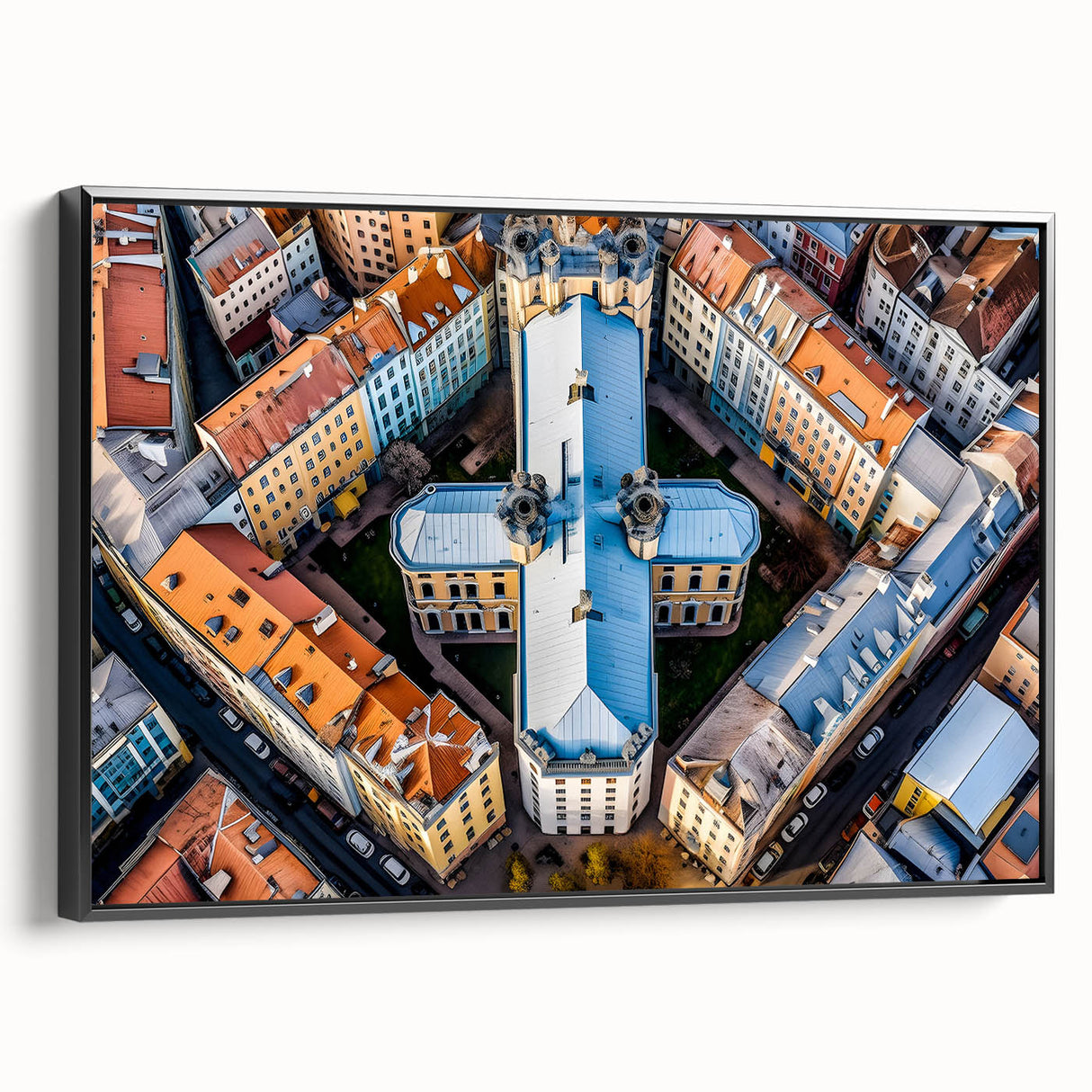 Black and white framed canvas of a vintage European landscape, ideal for bedroom wall decor.
